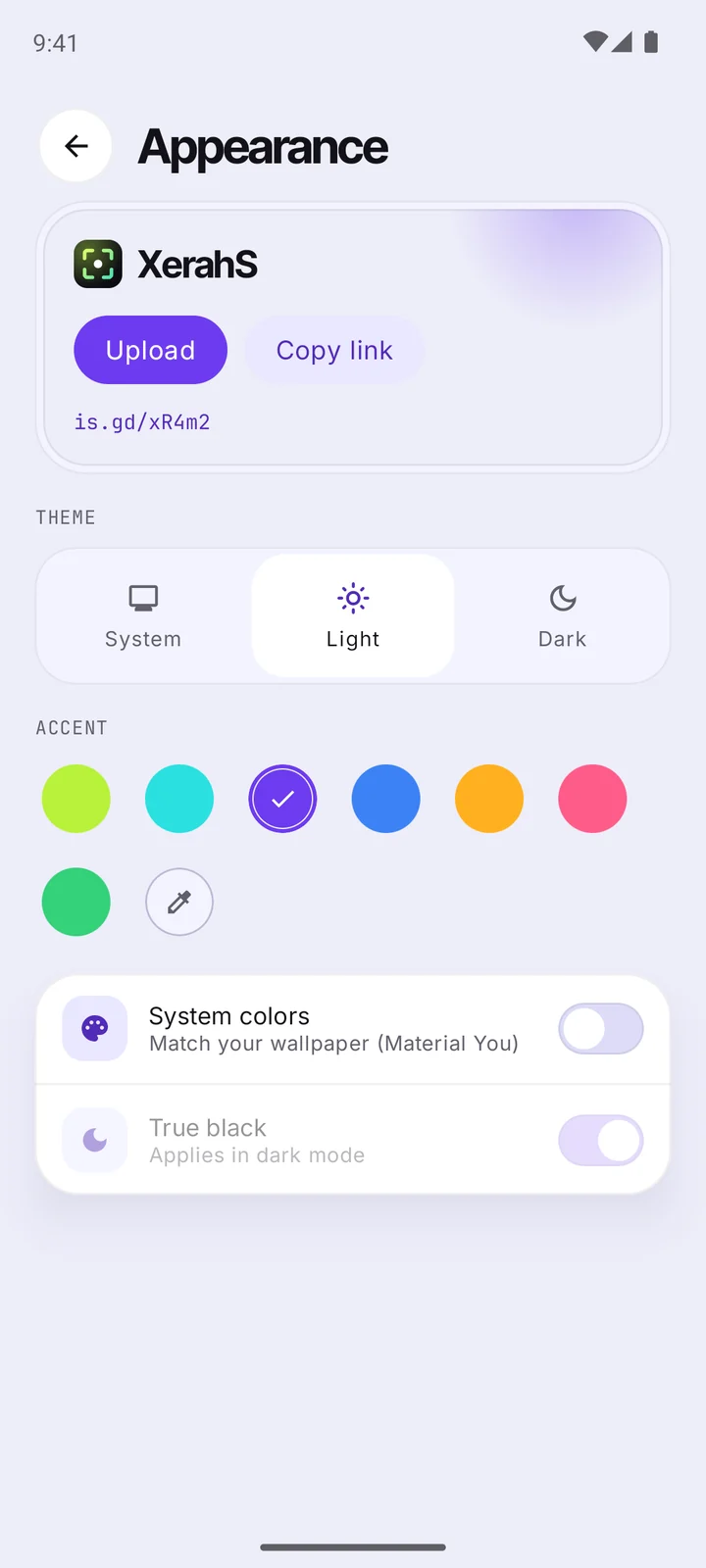 Appearance settings in light mode