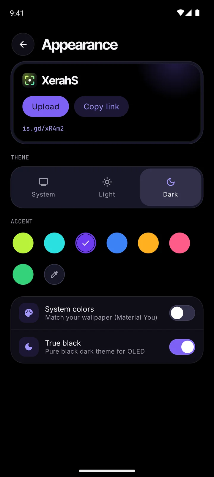 Appearance settings with the violet accent
