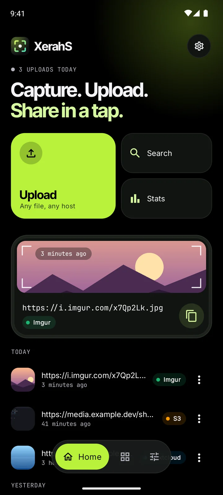 XerahS home screen with recent uploads