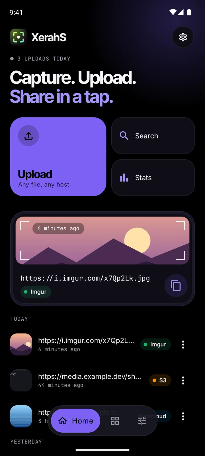 Upload history in the violet theme