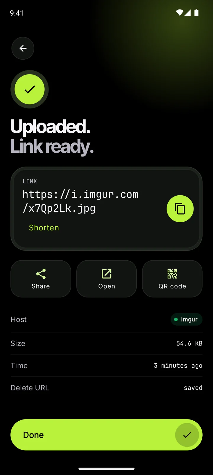 Finished upload with the link, share and QR code buttons