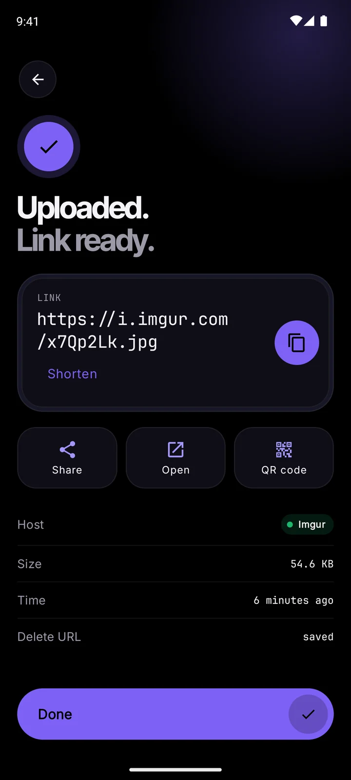 A finished upload in violet