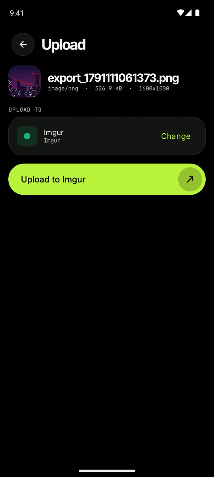 Upload screen with Imgur picked as the destination